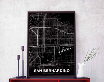 SAN BERNARDINO California CA usa map poster black white Hometown City Print Modern Home Decor Office Decoration Wall Art Dorm Bedroom Gift
