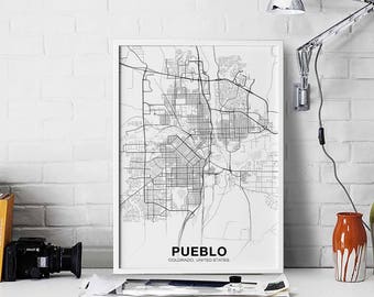 PUEBLO Colorado CO USA map poster black white Hometown City Print Modern Home Decor Office Decoration Wall Art Dorm Bedroom Gift