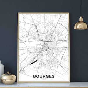 Póster de mapa de BOURGES, Francia, en blanco y negro, ciudad natal, impresión moderna, decoración del hogar, decoración de la oficina, arte de pared, dormitorio, regalo