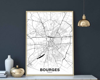 BOURGES France map poster black white Hometown City Print Modern Home Decor Office Decoration Wall Art Dorm Bedroom Gift