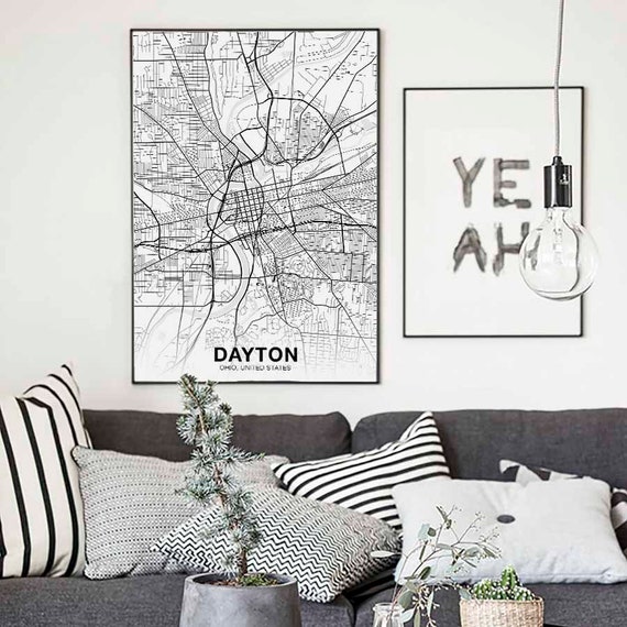 Dayton Ohio Oh Usa Map Poster Black White Wall Decor Design Modern Minimal Nordic Housewarming Travel Bedroom