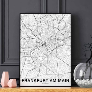 Póster de mapa de FRANKFURT AM MAIN Alemania en blanco y negro Impresión de ciudad natal Decoración moderna para el hogar Decoración de oficina Arte de pared Dormitorio Regalo