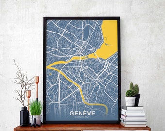 GENEVE Switzerland Schweiz Suisse map poster color Hometown City Print Modern Home Decor Office Decoration Wall Art Dorm Bedroom Gift