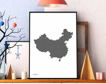 CHINA minimal dots retro map poster black white wall decor design modern swiss scandinavian nordic housewarming travel