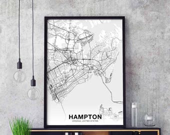 HAMPTON Virginia VA USA map poster black white Hometown City Print Modern Home Decor Office Decoration Wall Art Dorm Bedroom Gift