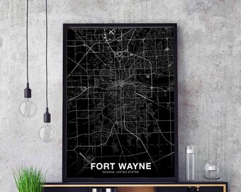 FORT WAYNE Indiana IN usa map poster black white Hometown City Print Modern Home Decor Office Decoration Wall Art Dorm Bedroom Gift
