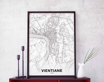 VIENTIANE Laos map poster black white Hometown City Print Modern Home Decor Office Decoration Wall Art Dorm Bedroom Gift