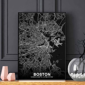 BOSTON Massachusetts MA USA carte affiche noir blanc ville natale ville impression moderne décor à la maison bureau décoration mur art dortoir chambre cadeau