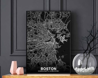 BOSTON Massachusetts MA USA map poster black white Hometown City Print Modern Home Decor Office Decoration Wall Art Dorm Bedroom Gift