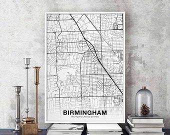 BIRMINGHAM Michigan MI US map poster black white Hometown City Print Modern Home Decor Office Decoration Wall Art Dorm Bedroom Gift