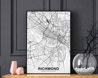 RICHMOND Virginia VA USA map poster black white Hometown City Print Modern Home Decor Office Decoration Wall Art Dorm Bedroom Gift