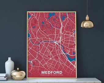MEDFORD Massachusetts MA USA poster color Hometown City Print Modern Home Decor Office Decoration Wall Art Dorm Bedroom Gift