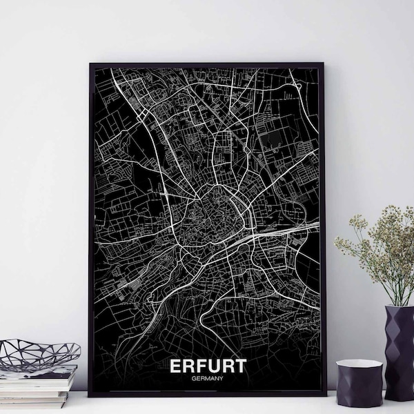 ERFURT Germany map poster black white Hometown City Print Modern Home Decor Office Decoration Wall Art Dorm Bedroom Gift