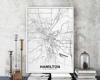 HAMILTON Ohio OH USA map poster black white Hometown City Print Modern Home Decor Office Decoration Wall Art Dorm Bedroom Gift