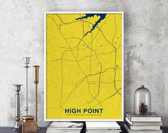 HIGH POINT North Carolina NC usa map poster color Hometown City Print Modern Home Decor Office Decoration Wall Art Dorm Bedroom Gift