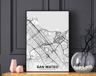 SAN MATEO California CA usa map poster black white Hometown City Print Modern Home Decor Office Decoration Wall Art Dorm Bedroom Gift