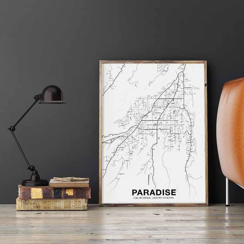 PARADISE California ca usa mapa póster negro blanco Ciudad natal Imprimir Decoración moderna Decoración de la oficina Decoración de la pared Arte Dormitorio Dormitorio Regalo imagen 6