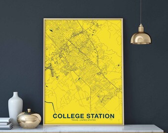 COLLEGE STATION Texas TX us map poster color Hometown City Print Modern Home Decor Office Decoration Wall Art Dorm Bedroom Gift