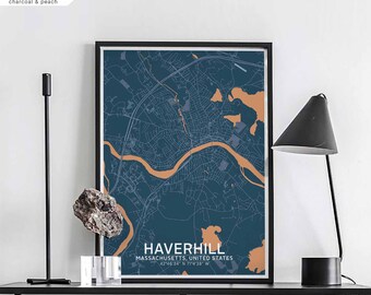 HAVERHILL Massachusetts usa map poster black white Hometown City Print Modern Home Decor Office Decoration Wall Art Dorm Bedroom Gift