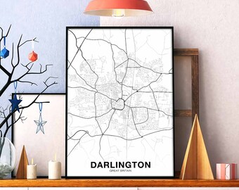 DARLINGTON Great Britain UK map poster black white Hometown City Print Modern Home Decor Office Decoration Wall Art Dorm Bedroom Gift