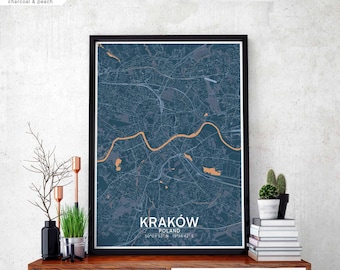KRAKÓW Poland map poster black white Hometown City Print Modern Home Decor Office Decoration Wall Art Dorm Bedroom Gift