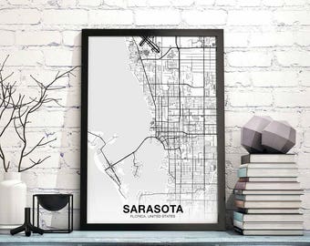 SARASOTA Florida FL USA map poster black white Hometown City Print Modern Home Decor Office Decoration Wall Art Dorm Bedroom Gift