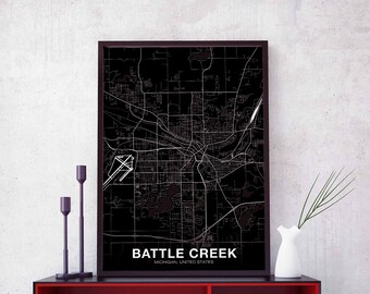 BATTLE CREEK Michigan MI usa map poster black white Hometown City Print Modern Home Decor Office Decoration Wall Art Dorm Bedroom Gift
