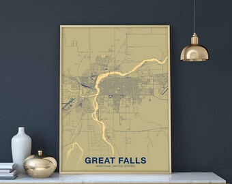 GREAT FALLS Montana MT us map poster color Hometown City Print Modern Home Decor Office Decoration Wall Art Dorm Bedroom Gift