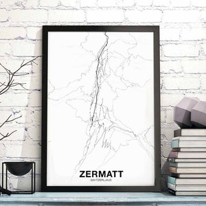ZERMATT Suisse carte affiche noir blanc ville natale ville impression moderne décor à la maison bureau décoration mur art dortoir chambre cadeau