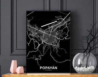 POPAYAN Colombia map poster black white Hometown City Print Modern Home Decor Office Decoration Wall Art Dorm Bedroom Gift