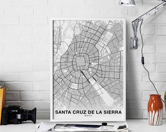 SANTA CRUZ de la SIERRA Bolivia map poster black white Hometown City Print Modern Home Decor Office Decoration Wall Art Dorm Bedroom Gift