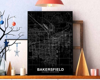 BAKERSFIELD California CA US map poster black white Hometown City Print Modern Home Decor Office Decoration Wall Art Dorm Bedroom Gift