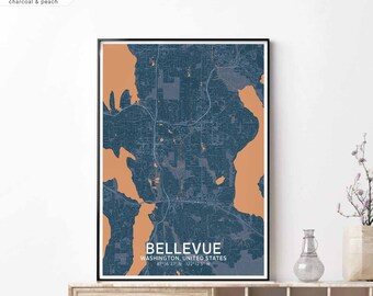 BELLEVUE Washington USA map poster black white Hometown City Print Modern Home Decor Office Decoration Wall Art Dorm Bedroom Gift