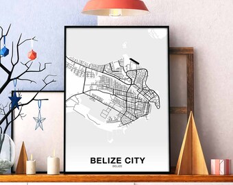 BELIZE CITY Belize map poster black white Hometown City Print Modern Home Decor Office Decoration Wall Art Dorm Bedroom Gift