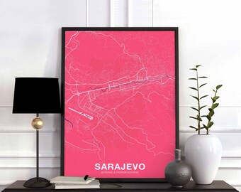 SARAJEVO Bosnia & Herzegovina map poster color Hometown City Print Modern Home Decor Office Decoration Wall Art Dorm Bedroom Gift