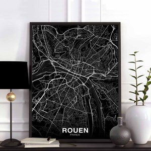 ROUEN France carte affiche noir blanc ville natale ville impression moderne décor à la maison bureau décoration mur art dortoir chambre cadeau