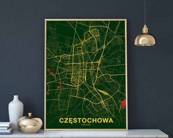 CZĘSTOCHOWA Poland map poster color Hometown City Print Modern Home Decor Office Decoration Wall Art Dorm Bedroom Gift
