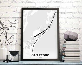 SAN PEDRO Belize map poster black white Hometown City Print Modern Home Decor Office Decoration Wall Art Dorm Bedroom Gift