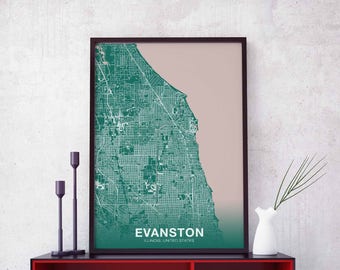EVANSTON Illinois IL US map poster color Hometown City Print Modern Home Decor Office Decoration Wall Art Dorm Bedroom Gift