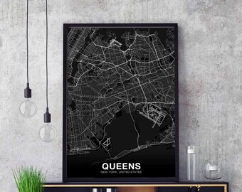 QUEENS New York NY US map poster black white Hometown City Print Modern Home Decor Office Decoration Wall Art Dorm Bedroom Gift