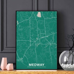 MEDWAY Massachusetts MA USA carte affiche vert ville natale ville impression moderne décor à la maison bureau décoration mur art dortoir chambre cadeau