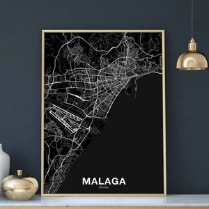 MALAGA Spanien Karte Poster schwarz weiß Heimatstadt Stadt Print Modernes Wohndekor Büro Dekoration Wand Kunst Wohnheim Schlafzimmer Geschenk