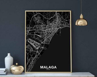 MALAGA Spain map poster black white Hometown City Print Modern Home Decor Office Decoration Wall Art Dorm Bedroom Gift