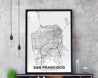SAN FRANCISCO California CA usa map poster black white Hometown City Print Modern Home Decor Office Decoration Wall Art Dorm Bedroom Gift