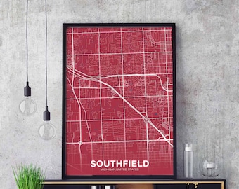 SOUTHFIELD Michigan MI USA map poster color Hometown City Print Modern Home Decor Office Decoration Wall Art Dorm Bedroom Gift