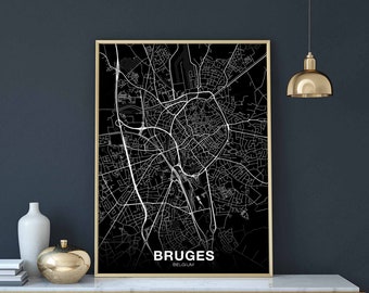 BRUGES Belgium map poster black white Hometown City Print Modern Home Decor Office Decoration Wall Art Dorm Bedroom Gift