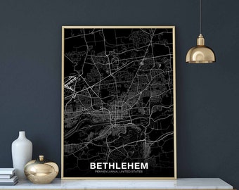 BETHLEHEM Pennsylvania PA USA map poster black white Hometown City Print Modern Home Decor Office Decoration Wall Art Dorm Bedroom Gift