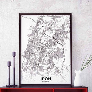 IPOH Malaysia Karte Poster schwarz weiß Wandkunst Hometown City Print Modernes Wohndekor Büro Dekoration Wand Kunst Wohnheim Schlafzimmer Geschenk Kunst skandinavisch