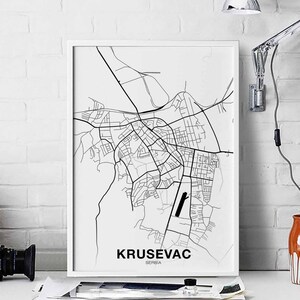 KRUSEVAC serbie carte affiche noir blanc ville natale ville impression moderne décor à la maison bureau décoration mur art dortoir chambre cadeau