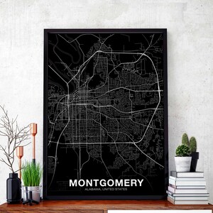 MONTGOMERY Alabama AL USA kaart poster zwart wit woonplaats stad print modern interieur kantoordecoratie kunst aan de muur slaapzaal slaapkamer cadeau